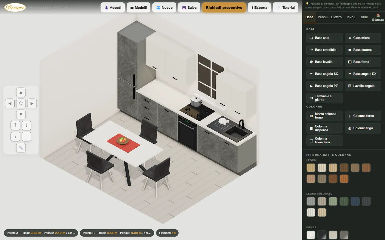 Il configuratore cucine 3D Rizieri: una stanza con le sue misure e una cucina moderna composta lungo la parete