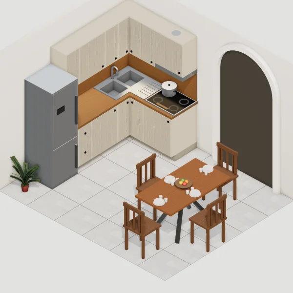 Cucina angolare, rovere sbiancato, mostrata in una stanza arredata: tavolo, sedie, frigorifero e oggetti non sono compresi