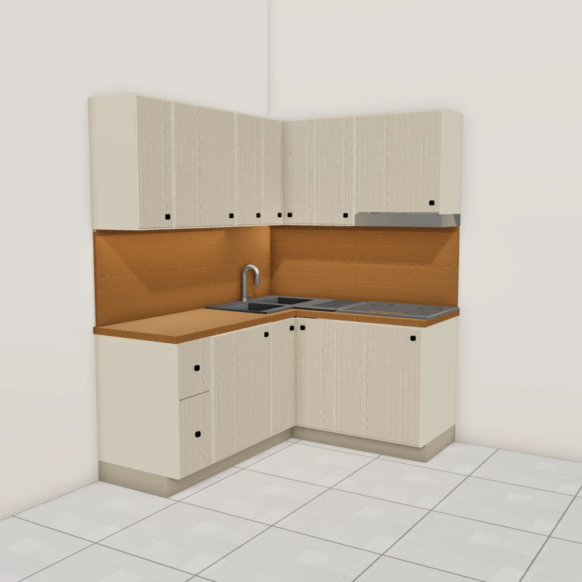 Cucina angolare, rovere sbiancato, piano effetto legno teak: vista d'insieme nella stanza