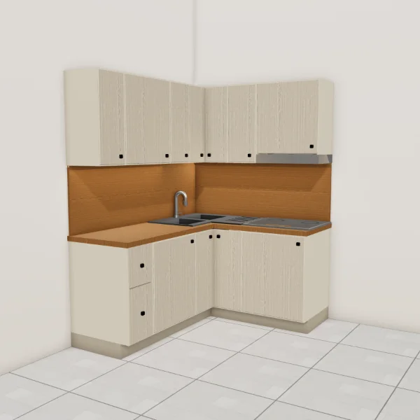 Cucina angolare, rovere sbiancato, piano effetto legno teak: vista d'insieme nella stanza