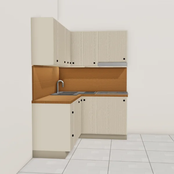 Cucina angolare, rovere sbiancato, piano effetto legno teak: vista frontale