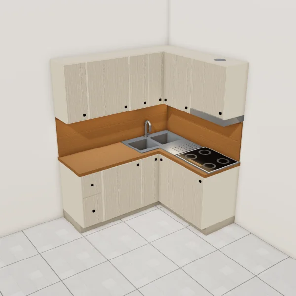 Cucina angolare, rovere sbiancato, piano effetto legno teak: vista dall'alto con il piano di lavoro