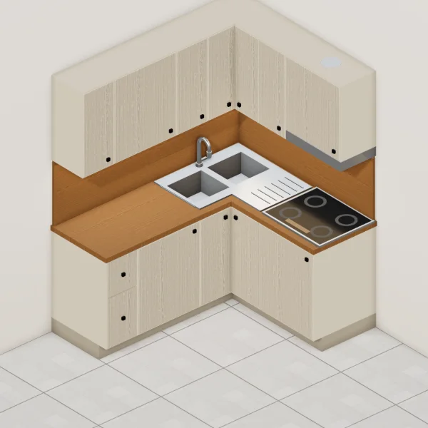 Cucina angolare, rovere sbiancato, piano effetto legno teak: vista del configuratore 3D