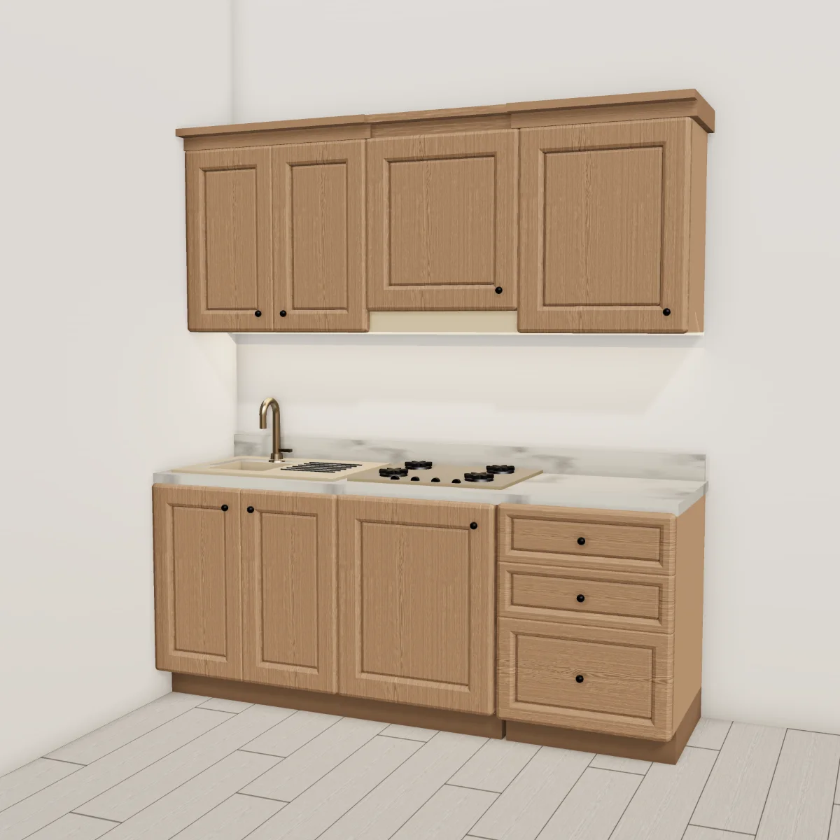 Cucina classica 200 cm, olmo, piano effetto marmo Carrara: vista d'insieme nella stanza