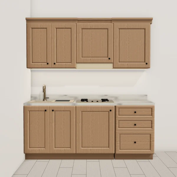 Cucina classica 200 cm, olmo, piano effetto marmo Carrara: vista frontale