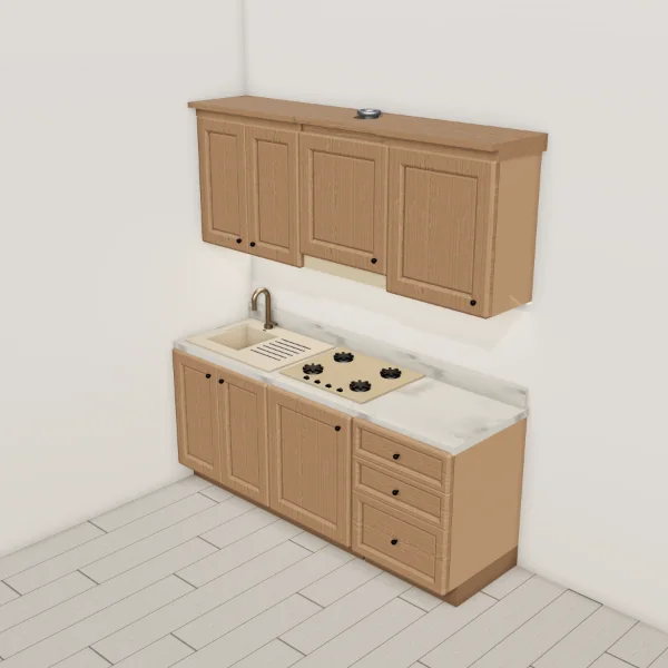 Cucina classica 200 cm, olmo, piano effetto marmo Carrara: vista dall'alto con il piano di lavoro