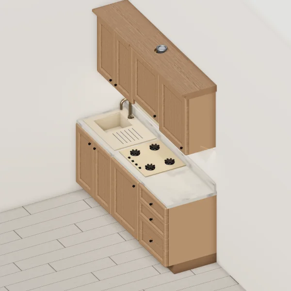 Cucina classica 200 cm, olmo, piano effetto marmo Carrara: vista del configuratore 3D