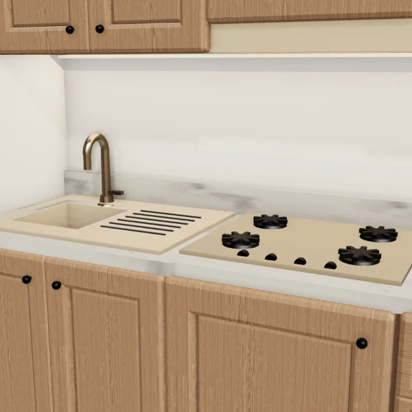 Cucina classica 200 cm, olmo, piano effetto marmo Carrara: dettaglio di piano di lavoro, ante e maniglie