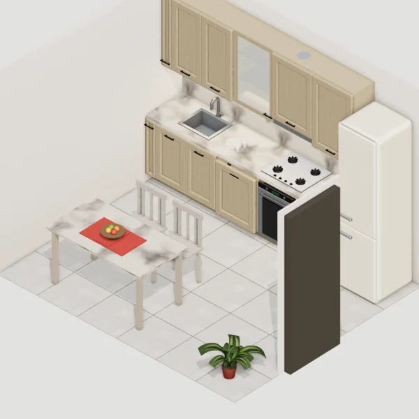 Cucina classica 285 cm, rovere sabbia, mostrata in una stanza arredata: tavolo, sedie, frigorifero e oggetti non sono compresi