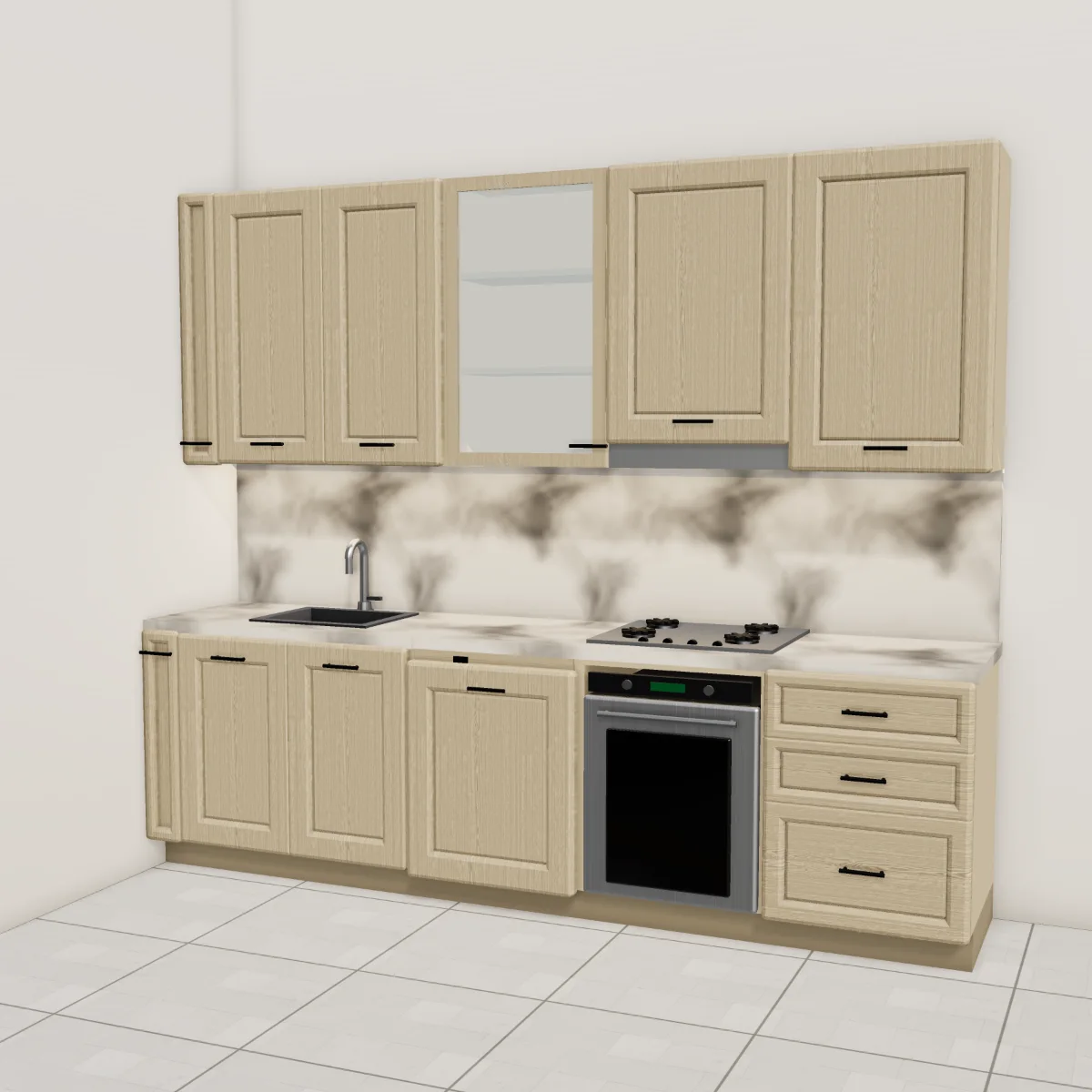Cucina classica 285 cm, rovere sabbia, piano effetto marmo Statuario: vista d'insieme nella stanza