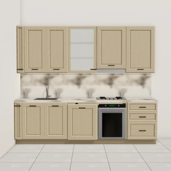 Cucina classica 285 cm, rovere sabbia, piano effetto marmo Statuario: vista frontale