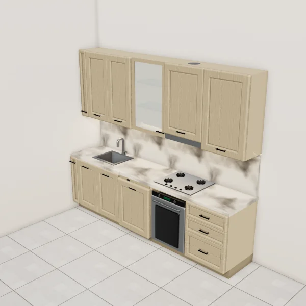 Cucina classica 285 cm, rovere sabbia, piano effetto marmo Statuario: vista dall'alto con il piano di lavoro