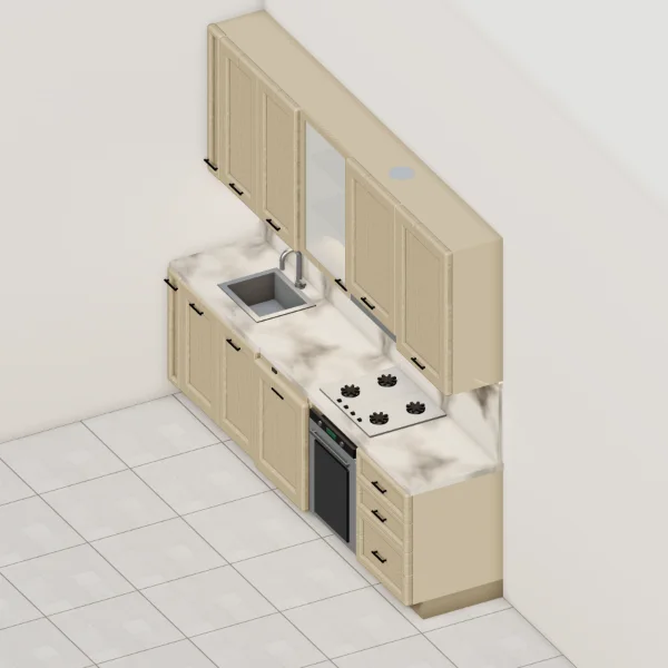 Cucina classica 285 cm, rovere sabbia, piano effetto marmo Statuario: vista del configuratore 3D