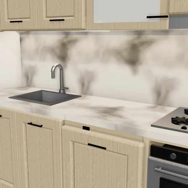 Cucina classica 285 cm, rovere sabbia, piano effetto marmo Statuario: dettaglio di piano di lavoro, ante e maniglie