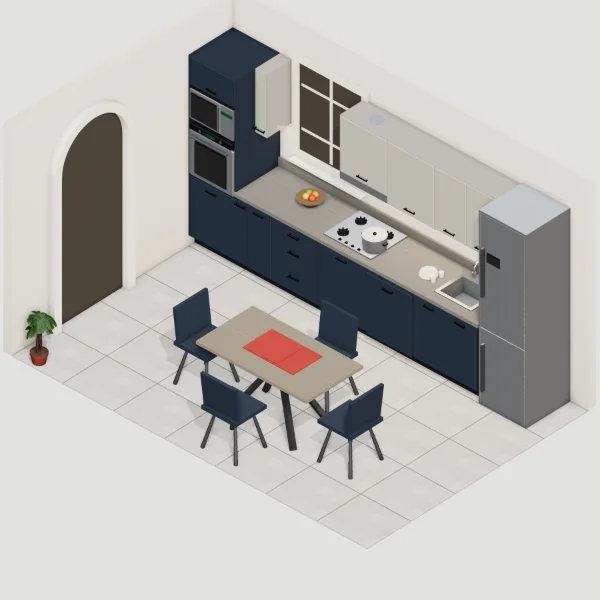Cucina lineare moderna 365 cm, basi blu notte opaco, pensili grigio polvere opaco, mostrata in una stanza arredata: tavolo, sedie, frigorifero e oggetti non sono compresi