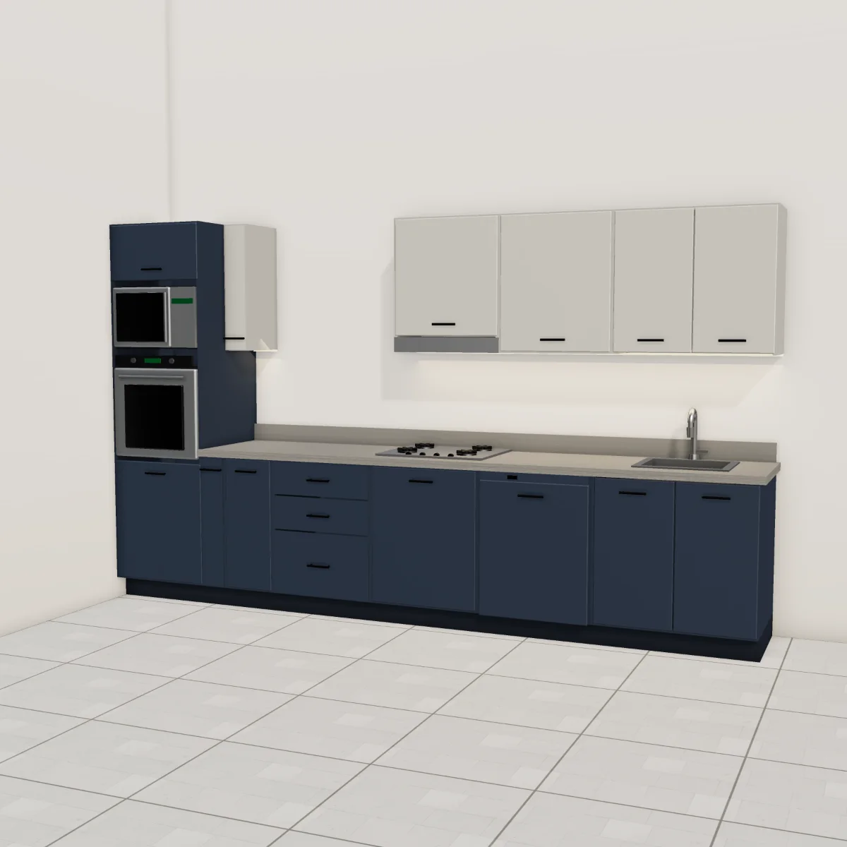 Cucina lineare moderna 365 cm, basi blu notte opaco, pensili grigio polvere opaco, piano effetto rovere grigio: vista d'insieme nella stanza
