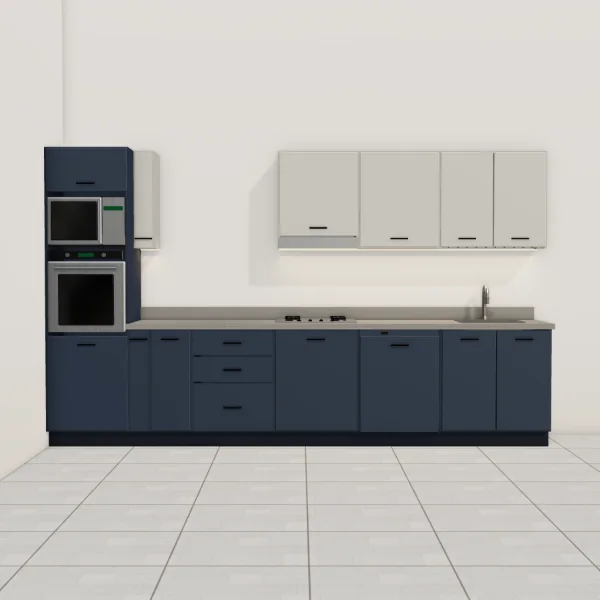 Cucina lineare moderna 365 cm, basi blu notte opaco, pensili grigio polvere opaco, piano effetto rovere grigio: vista frontale