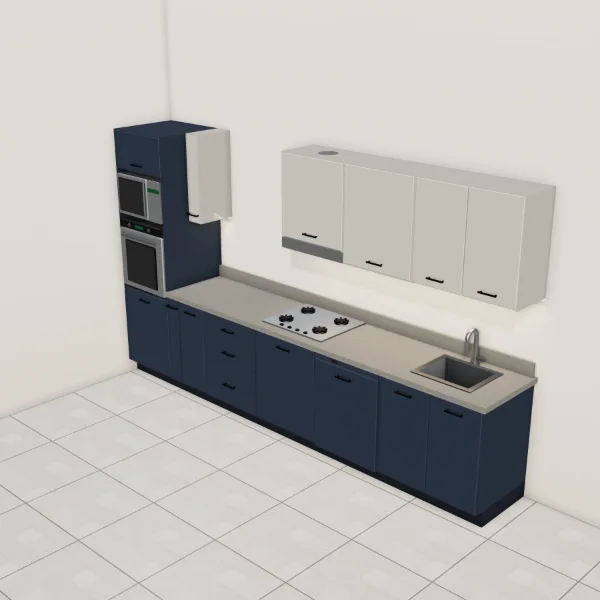 Cucina lineare moderna 365 cm, basi blu notte opaco, pensili grigio polvere opaco, piano effetto rovere grigio: vista dall'alto con il piano di lavoro