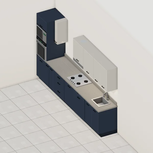 Cucina lineare moderna 365 cm, basi blu notte opaco, pensili grigio polvere opaco, piano effetto rovere grigio: vista del configuratore 3D