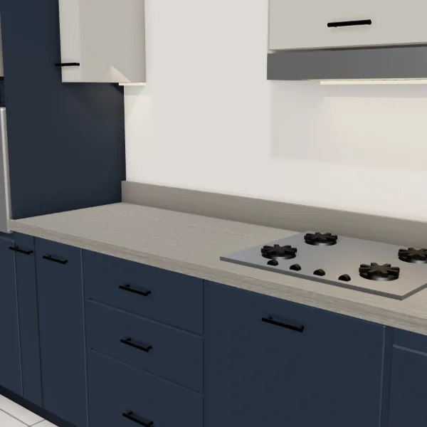 Cucina lineare moderna 365 cm, basi blu notte opaco, pensili grigio polvere opaco, piano effetto rovere grigio: dettaglio di piano di lavoro, ante e maniglie