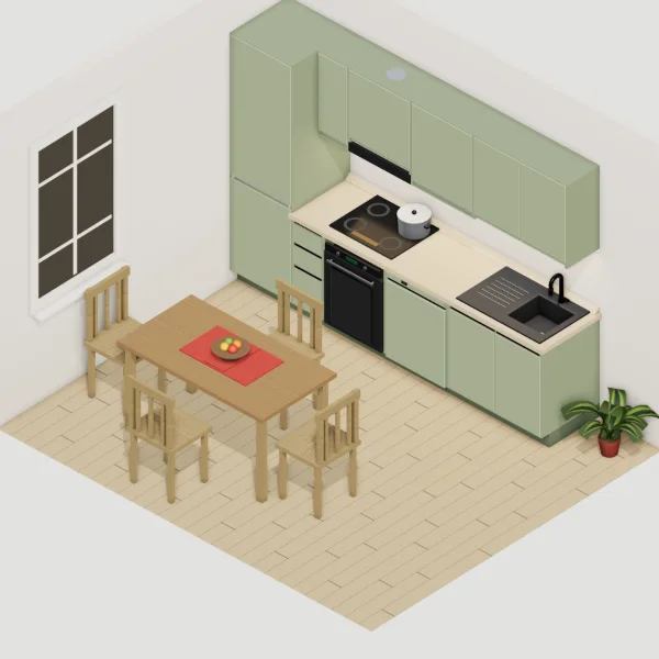 Cucina moderna 300 cm, verde salvia opaco, mostrata in una stanza arredata: tavolo, sedie, frigorifero e oggetti non sono compresi