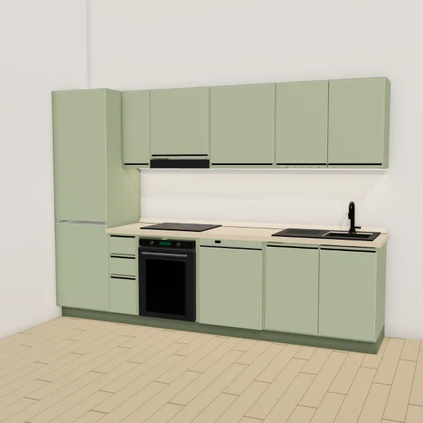 Cucina moderna 300 cm, verde salvia opaco, piano laminato color sabbia: vista d'insieme nella stanza