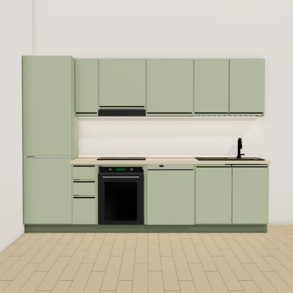 Cucina moderna 300 cm, verde salvia opaco, piano laminato color sabbia: vista frontale