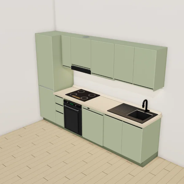 Cucina moderna 300 cm, verde salvia opaco, piano laminato color sabbia: vista dall'alto con il piano di lavoro