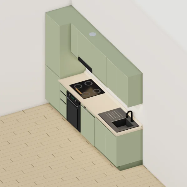 Cucina moderna 300 cm, verde salvia opaco, piano laminato color sabbia: vista del configuratore 3D