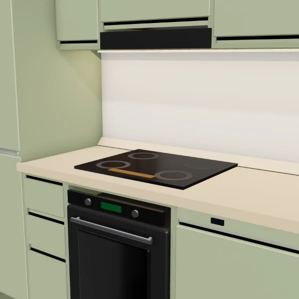 Cucina moderna 300 cm, verde salvia opaco, piano laminato color sabbia: dettaglio di piano di lavoro, ante e maniglie