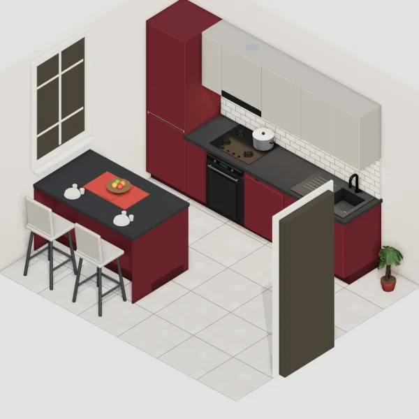 Cucina moderna 300 cm + 150 cm bancone, basi bordeaux opaco, pensili grigio polvere opaco, mostrata in una stanza arredata: tavolo, sedie, frigorifero e oggetti non sono compresi
