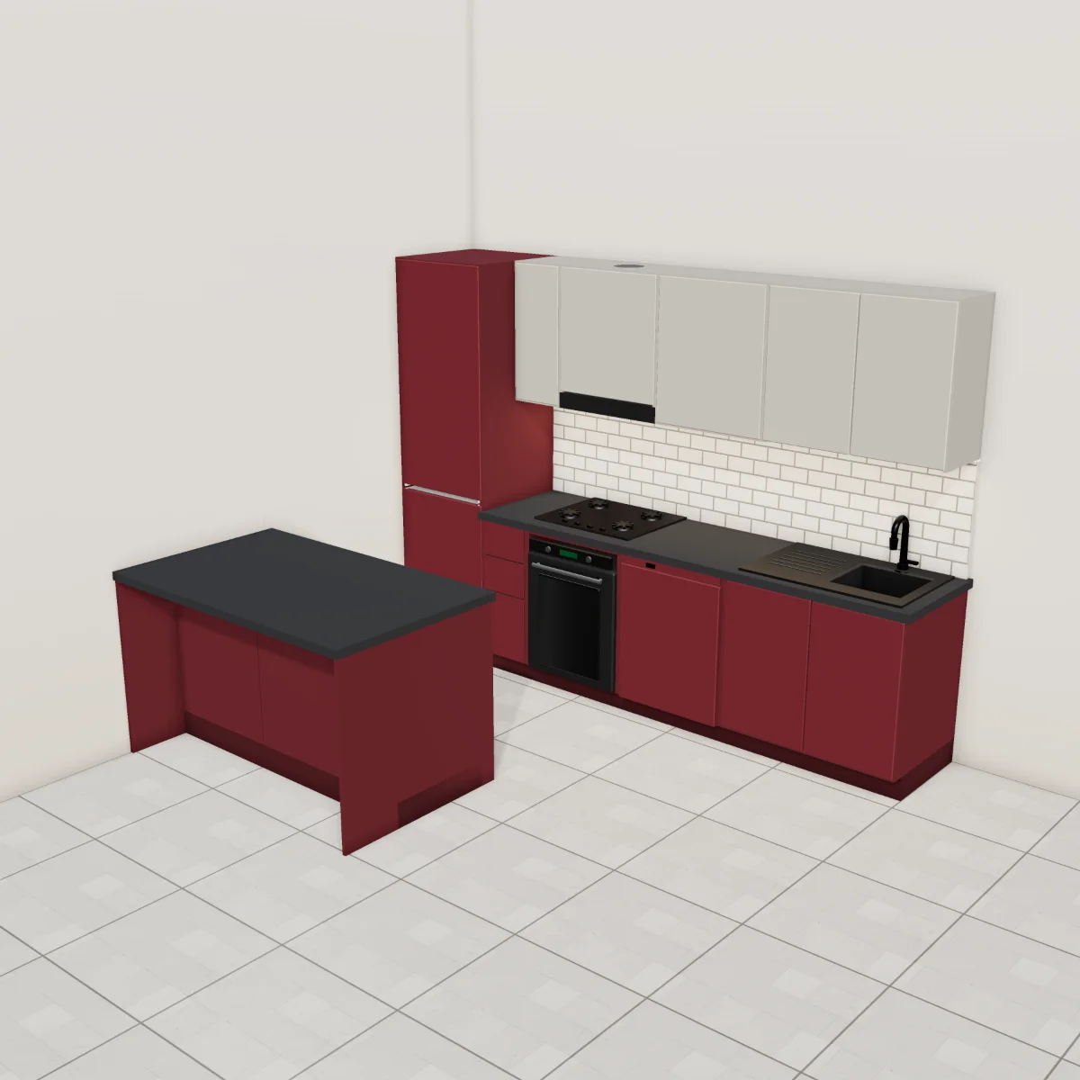Cucina moderna 300 cm + 150 cm bancone, basi bordeaux opaco, pensili grigio polvere opaco, piano laminato antracite: vista d'insieme nella stanza