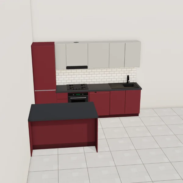 Cucina moderna 300 cm + 150 cm bancone, basi bordeaux opaco, pensili grigio polvere opaco, piano laminato antracite: vista frontale