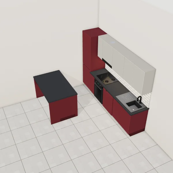 Cucina moderna 300 cm + 150 cm bancone, basi bordeaux opaco, pensili grigio polvere opaco, piano laminato antracite: vista dall'alto con il piano di lavoro