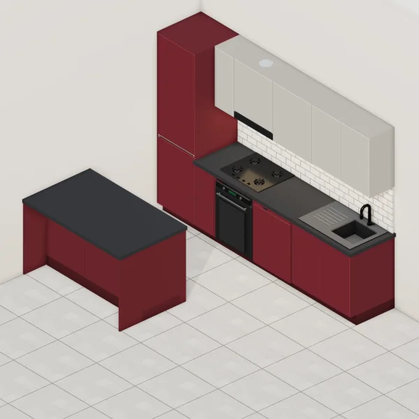 Cucina moderna 300 cm + 150 cm bancone, basi bordeaux opaco, pensili grigio polvere opaco, piano laminato antracite: vista del configuratore 3D