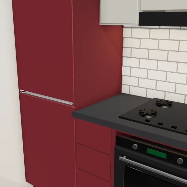 Cucina moderna 300 cm + 150 cm bancone, basi bordeaux opaco, pensili grigio polvere opaco, piano laminato antracite: dettaglio di piano di lavoro, ante e maniglie