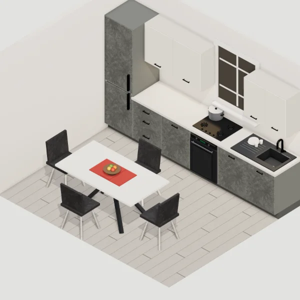 Cucina moderna 360 cm, basi effetto cemento grigio, pensili bianco seta opaco, mostrata in una stanza arredata: tavolo, sedie, frigorifero e oggetti non sono compresi