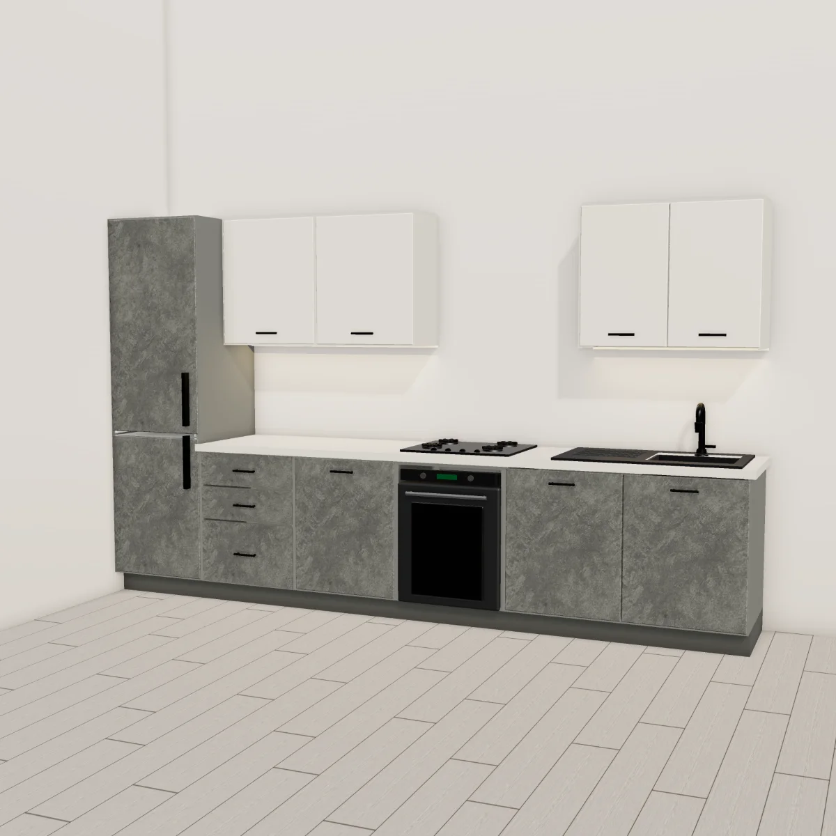 Cucina moderna 360 cm, basi effetto cemento grigio, pensili bianco seta opaco, piano effetto pietra chiara: vista d'insieme nella stanza