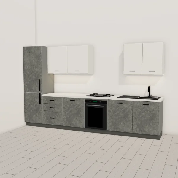 Cucina moderna 360 cm, basi effetto cemento grigio, pensili bianco seta opaco, piano effetto pietra chiara: vista d'insieme nella stanza