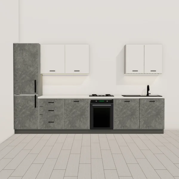Cucina moderna 360 cm, basi effetto cemento grigio, pensili bianco seta opaco, piano effetto pietra chiara: vista frontale