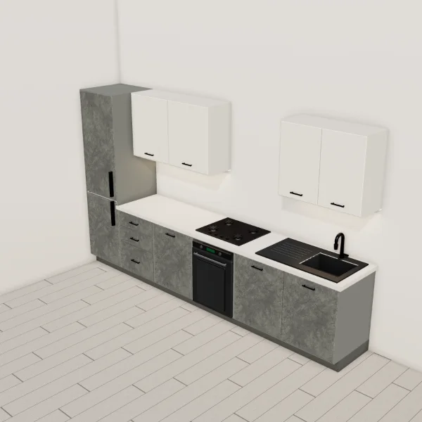 Cucina moderna 360 cm, basi effetto cemento grigio, pensili bianco seta opaco, piano effetto pietra chiara: vista dall'alto con il piano di lavoro