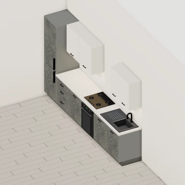 Cucina moderna 360 cm, basi effetto cemento grigio, pensili bianco seta opaco, piano effetto pietra chiara: vista del configuratore 3D