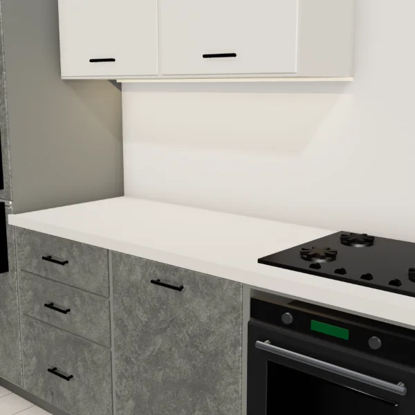 Cucina moderna 360 cm, basi effetto cemento grigio, pensili bianco seta opaco, piano effetto pietra chiara: dettaglio di piano di lavoro, ante e maniglie